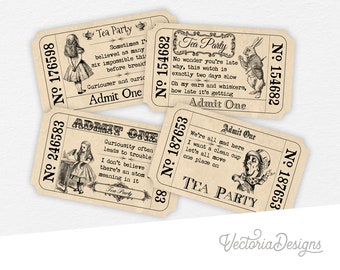 Alice In Wonderland Tickets, Tea Party Tickets, Invitation Tickets, Printable Tickets, Digital Download, Quotes Tickets, Paper Art 000387