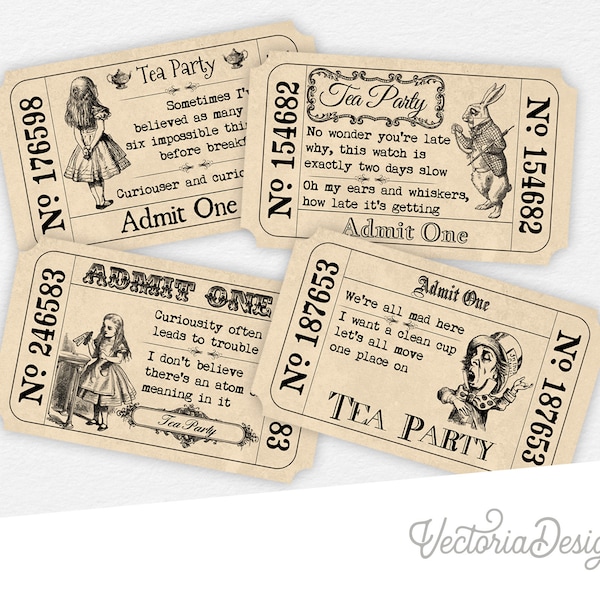 Alice In Wonderland Tickets, Tea Party Tickets, Invitation Tickets, Printable Tickets, Digital Download, Quotes Tickets, Paper Art 000387