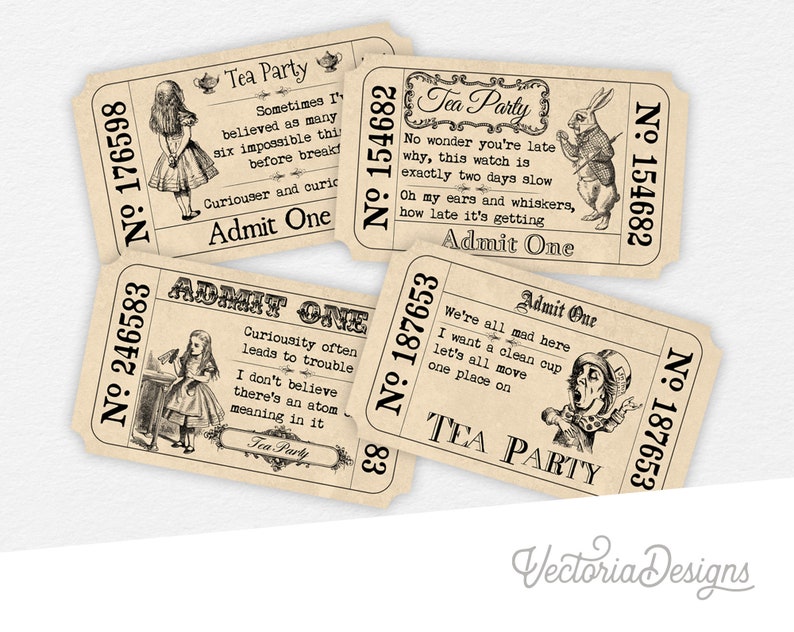 Alice In Wonderland Tickets, Tea Party Tickets, Invitation Tickets, Printable Tickets, Digital Download, Quotes Tickets, Paper Art 000387 image 1