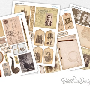 Old School Detective Paper Pack, Journaling Embellishments, Junk Journal Collage Sheets, Paper Crafting Supplies, DIY Paper Ephemera 002406