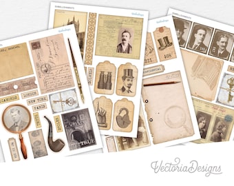 Old School Detective Paper Pack, Journaling Embellishments, Junk Journal Collage Sheets, Paper Crafting Supplies, DIY Paper Ephemera 002406