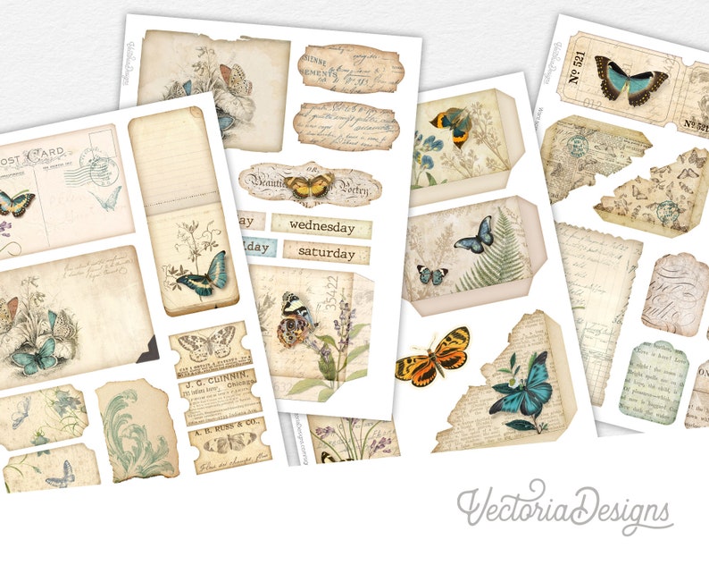 May include: A set of vintage-style digital paper with a butterfly theme. The papers feature various designs, including butterflies, flowers, and text. The papers are perfect for scrapbooking, card making, and other crafting projects.
