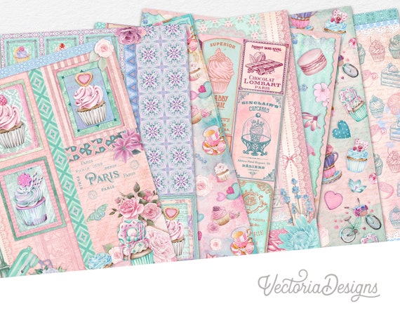 Vintage Cupcakes Paper Pack, Shabby Chic Cupcakes, Printable Cupcake Paper, Printable Crafting Paper, Pink Cupcakes, Scrapbook Paper 002386