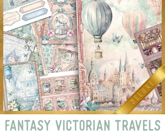 Fantasy Victorian Travels Junk Journal Kit DELUXE, Victorian Crafting Printables Kit Travel Embellishments Printable Paper Kit Craft 003445