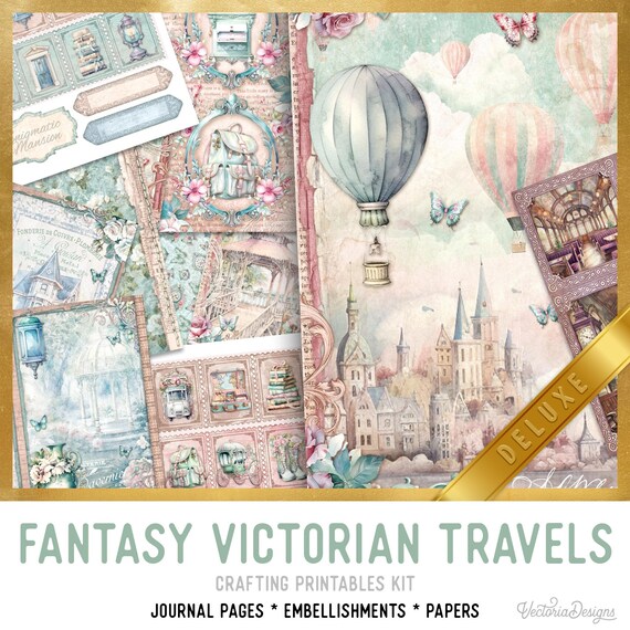 Fantasy Victorian Travels Junk Journal Kit DELUXE - Printable Pages, Papers and Embellishments for Crafting - 003445