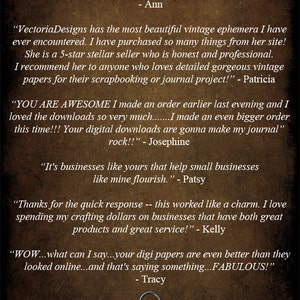 May include: A collage of customer reviews for VectoriaDesigns Shoppe, a business that sells digital downloads for scrapbooking and journaling. The reviews are positive and highlight the quality of the products and the excellent customer service.