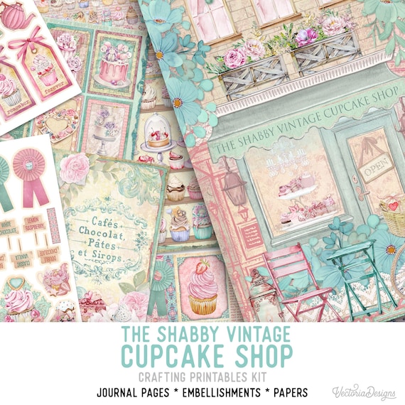 Vintage Cupcake Shop Junk Journal Kit (Standard) - Printable Pages, Papers and Embellishments for Crafting - 002415