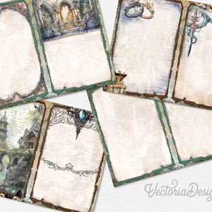 Puede incluir: Una colecci&oacute;n de hojas de papeler&iacute;a digital con ilustraciones de fantas&iacute;a de dragones, castillos de piedra y cofres del tesoro. Las p&aacute;ginas tienen texturas de pergamino envejecido, bordes ornamentados en tonos verdes y marrones, y &aacute;reas centrales en blanco.