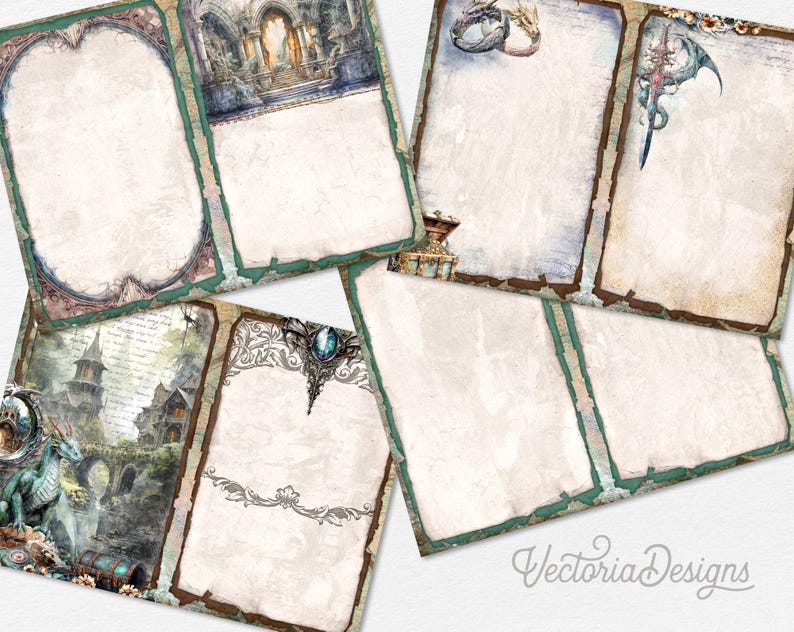 Puede incluir: Una colecci&oacute;n de hojas de papeler&iacute;a digital con ilustraciones de fantas&iacute;a de dragones, castillos de piedra y cofres del tesoro. Las p&aacute;ginas tienen texturas de pergamino envejecido, bordes ornamentados en tonos verdes y marrones, y &aacute;reas centrales en blanco.