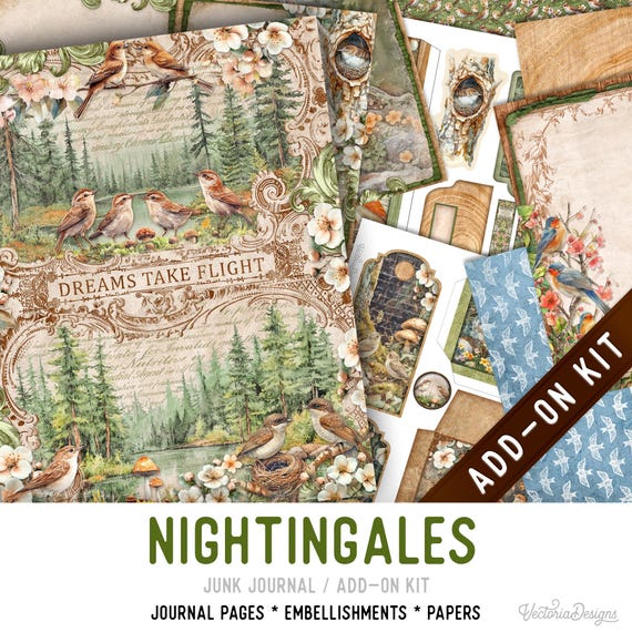 Nightingales Junk Journal Add-On Kit, Printable Pages, Embellishments, Papers - 004011