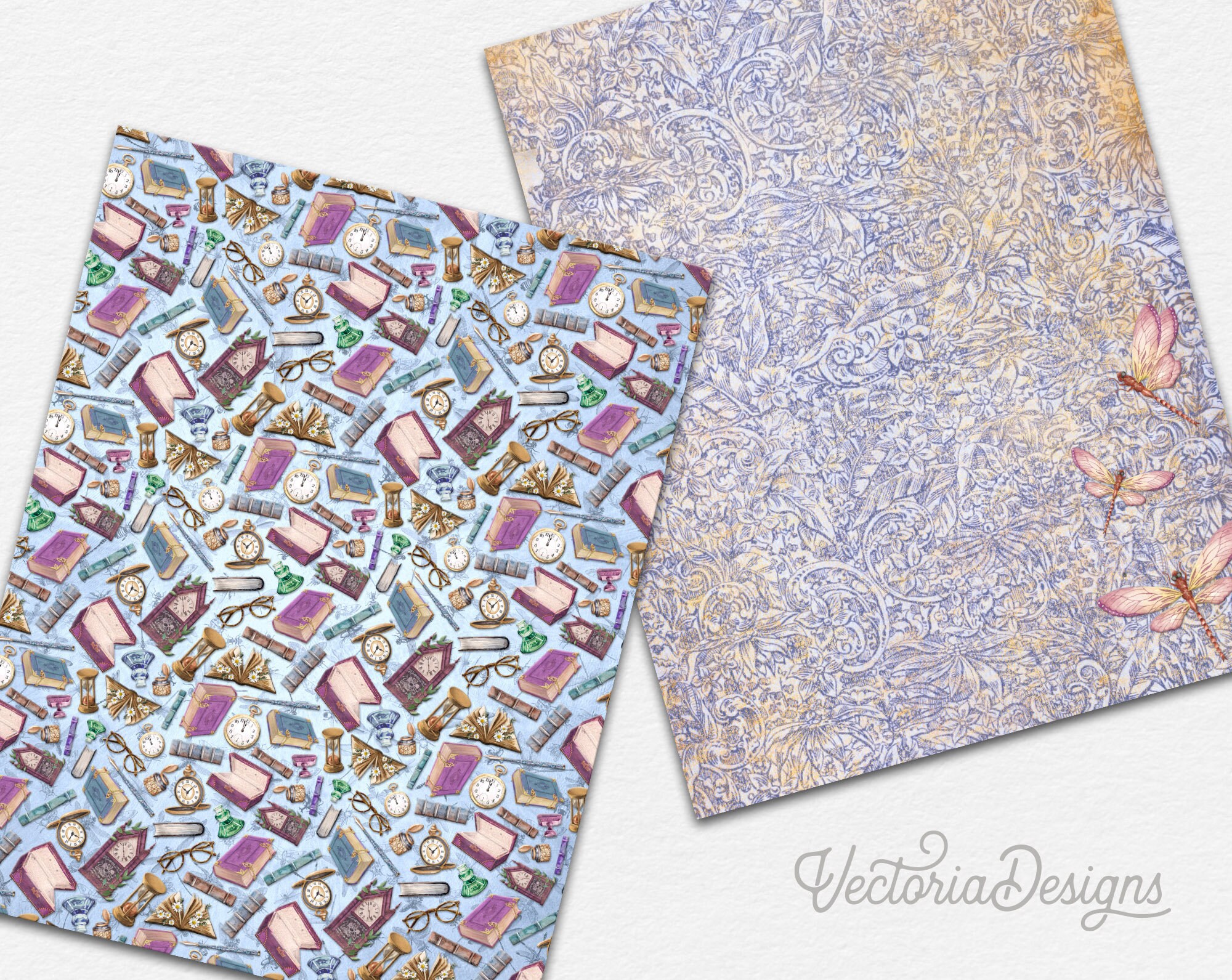 Books & Dragonflies Paper Pack, Book Paper Pack, Digital Paper