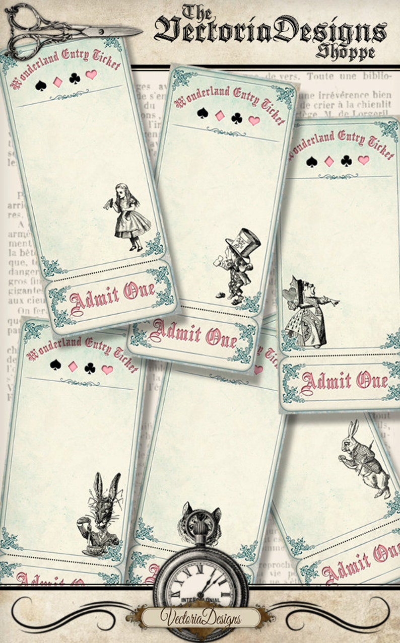 Printable Alice in Wonderland Invitation Tickets Party Tickets digital download instant download digital collage sheet 001312 image 1