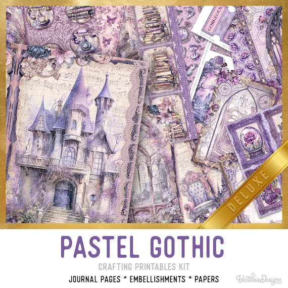 Pastel Gothic Junk Journal Kit DELUXE - Printable Pages, Papers and Embellishments for Crafting - 003668