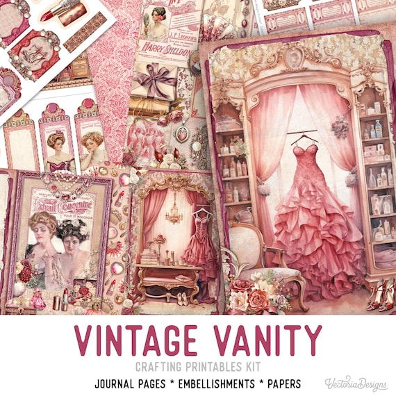 Vintage Vanity Junk Journal Kit (Standard) - Printable Pages, Papers and Embellishments for Crafting - 003593