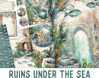 May include: A digital junk journal kit with the title "Ruins Under The Sea". The kit includes watercolor illustrations of underwater ruins, fish, seashells, and other ocean-themed elements. The kit is perfect for creating unique and personalized journals.