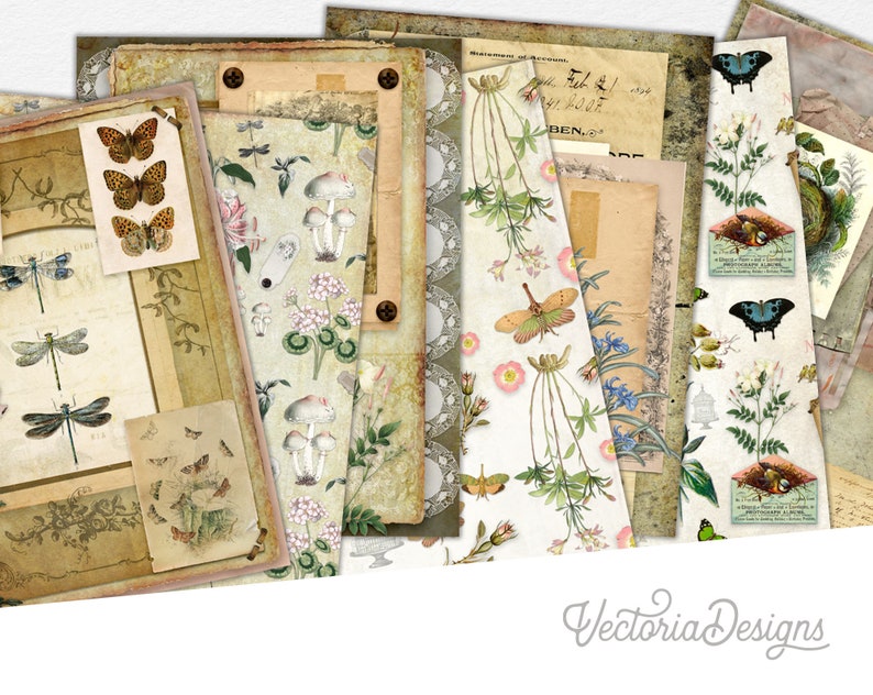 May include: A collection of vintage-style papers featuring floral patterns, butterflies, dragonflies, mushrooms, and handwritten text. The papers are perfect for scrapbooking, card making, and other craft projects.