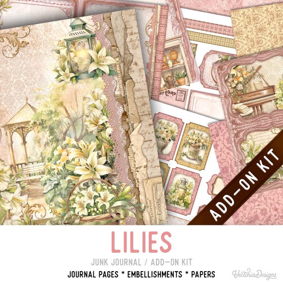 Lilies Junk Journal Kit ADD-ON, Printable Pages, Embellishments, Papers - 004026