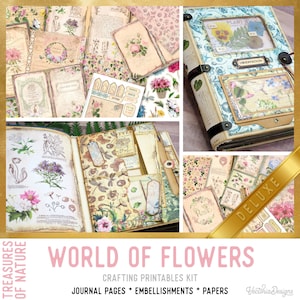 May include: A digital printable kit for crafting with a floral theme. The kit includes journal pages, embellishments, and papers. The kit is labeled "World of Flowers" and "Deluxe".