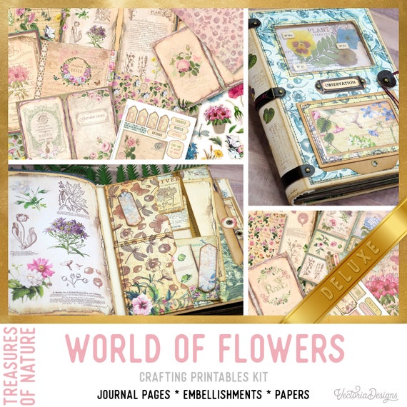 World of Flowers Junk Journal Kit – Deluxe- Printable Pages, Papers and Embellishments for Crafting - 002931