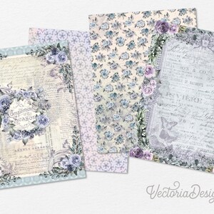 May include: Four digital paper designs featuring a vintage floral pattern with blue and purple flowers, a wreath with the text "Compliments of the Season", and a butterfly on a background of handwritten text.