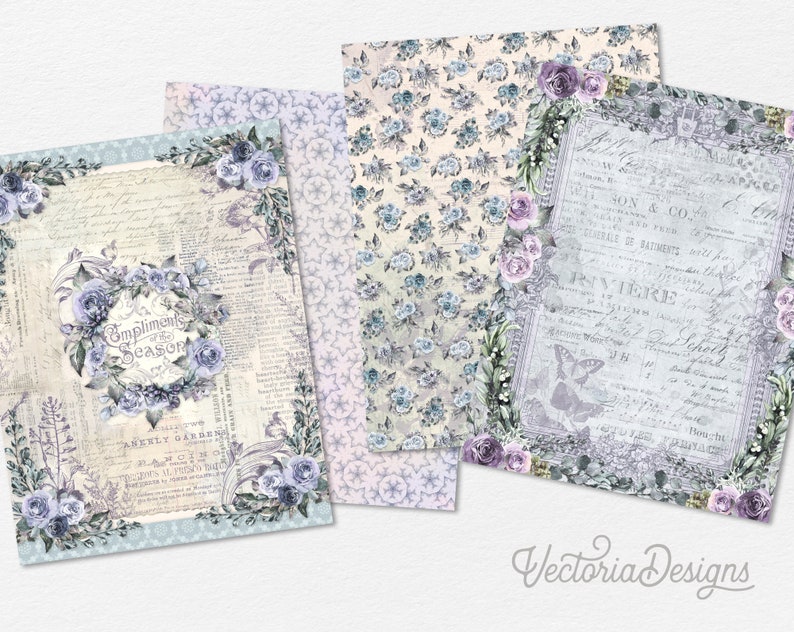 May include: Four digital paper designs featuring a vintage floral pattern with blue and purple flowers, a wreath with the text "Compliments of the Season", and a butterfly on a background of handwritten text.