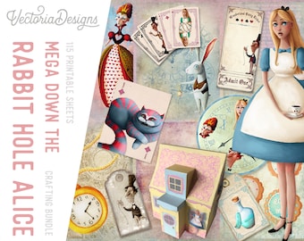 Down the Rabbit Hole Alice In Wonderland Mega Crafting Bundle, Mega Paper Pack, Printable Paper, Crafting Bundle, Printable Tags - 001627