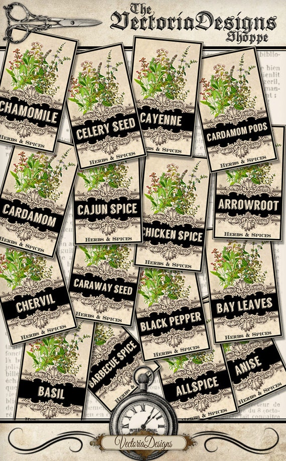 Intricate Spice labels printable herb labels kitchen organizing scrapbooking spices instant download digital collage sheet - 001364