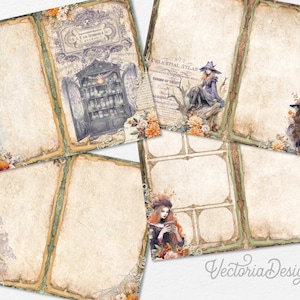 Puede incluir: Un conjunto de seis p&aacute;ginas de diario imprimibles con un tema vintage de brujas. Cada p&aacute;gina presenta una ilustraci&oacute;n diferente de una bruja, frascos de pociones y acentos florales. Las p&aacute;ginas son perfectas para scrapbooking, diario o manualidades.