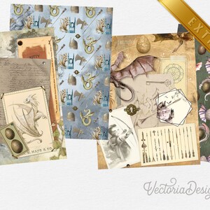 May include: A digital collage sheet featuring a variety of images, including a knight, a dragon, a compass, and a collection of arrows. The sheet is designed in a vintage style with a muted color palette of blues, greens, and browns.