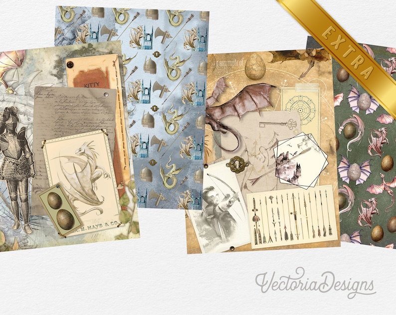May include: A digital collage sheet featuring a variety of images, including a knight, a dragon, a compass, and a collection of arrows. The sheet is designed in a vintage style with a muted color palette of blues, greens, and browns.