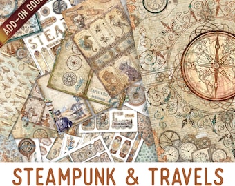 Steampunk & Reizen Goodie Bag, Junk Journal Pagina's, Papieren, Junk Journal Printables, Junk Journal Supplies Afdrukbare Junk Journal Kit 003333