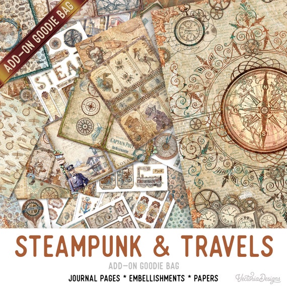 Steampunk & Travels Goodie Bag, Junk Journal Pages, Papers, Junk Journal Printables, Junk Journal Supplies Printable Junk Journal Kit 003333