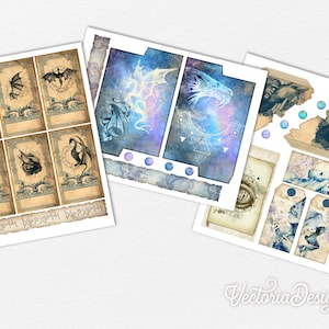 May include: A set of printable digital paper with a fantasy theme. The paper features images of dragons, eyes, and other mystical creatures. The paper is in a vintage style with a distressed look. The paper is perfect for scrapbooking, card making, and other paper crafts.