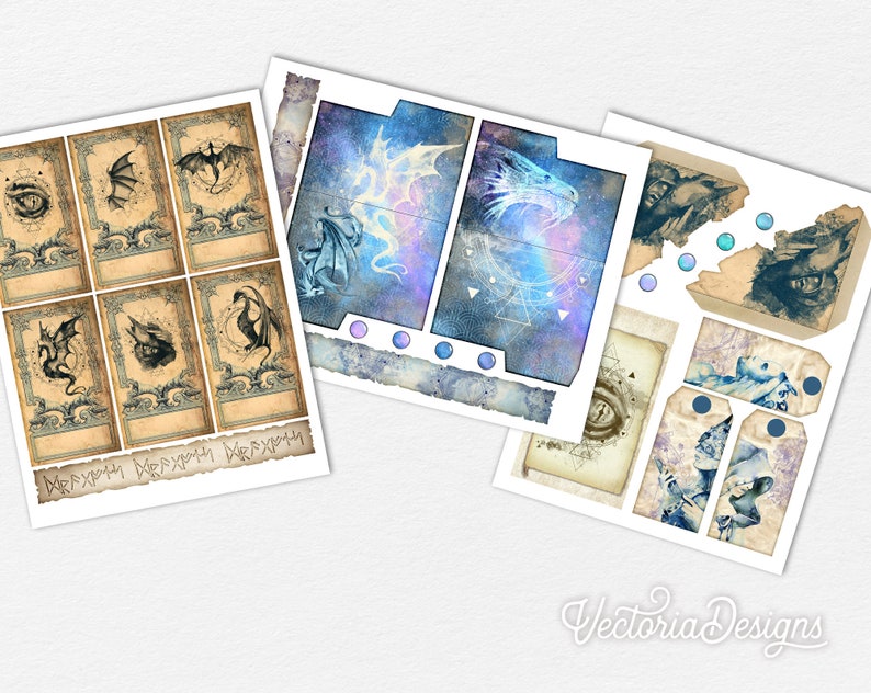 May include: A set of printable digital paper with a fantasy theme. The paper features images of dragons, eyes, and other mystical creatures. The paper is in a vintage style with a distressed look. The paper is perfect for scrapbooking, card making, and other paper crafts.