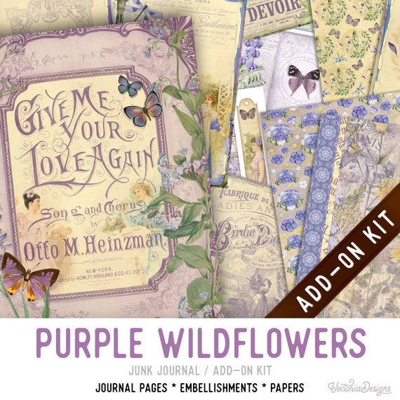 Purple Wildflowers Junk Journal Kit ADD-ON, Printable Craft kit with Journal Pages, Embellishments and Papers - 003253