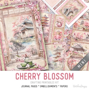 Cherry Blossom Junk Journal Kit Large MINI, Cherry Blossom Crafting Printables Kit Sakura Embellishments Printable Japanese Paper 003359