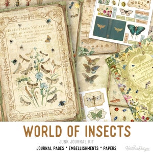 World of Insects Junk Journal Kit, Bugs Journal Embellishments, Nature Junk Journal Kit, Craft kits, Nature, Nature Scrapbooking Kit, 002358