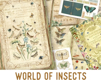 World of Insects Junk Journal Kit, Bugs Journal Embellishments, Nature Junk Journal Kit, Craft kits, Nature, Nature Scrapbooking Kit, 002358