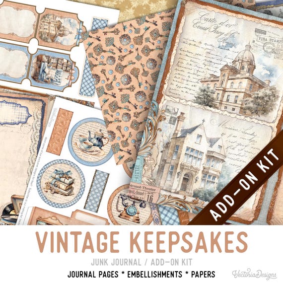 Vintage Keepsakes Junk Journal Kit, Printable Pages, Embellishments, Papers (Add-On) - 004100