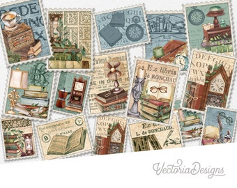 Books Postage Stamps, Printable Stamps, Vintage Stamps, Junk Journal Embellishments, Scrapbooking Ephemera, Journal Printables - 002766