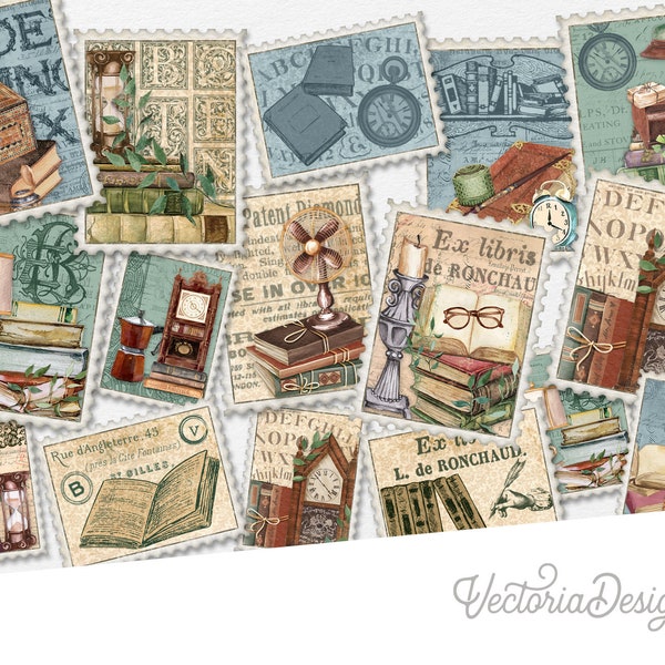 Books Postage Stamps, Printable Stamps, Vintage Stamps, Junk Journal Embellishments, Scrapbooking Ephemera, Journal Printables - 002766