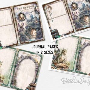 Puede incluir: Un conjunto de p&aacute;ginas de diario imprimibles con ilustraciones de fantas&iacute;a de dragones, arcos de piedra y cofres del tesoro. Los dise&ntilde;os incluyen el texto THE DRAGON deep under the Earth y espacios para escribir con bordes ornamentados.