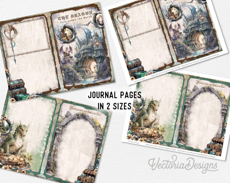 Puede incluir: Un conjunto de p&aacute;ginas de diario imprimibles con ilustraciones de fantas&iacute;a de dragones, arcos de piedra y cofres del tesoro. Los dise&ntilde;os incluyen el texto THE DRAGON deep under the Earth y espacios para escribir con bordes ornamentados.