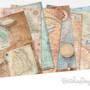 Travel To The Horizon Paper Pack, Printable Paper Pack, Scrapbook Paper, Antique Paper Pack, Digital Paper, DIY Paper Pack, Ephemera 002216