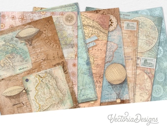 Travel To The Horizon Paper Pack, Printable Paper Pack, Scrapbook Paper, Antique Paper Pack, Digital Paper, DIY Paper Pack, Ephemera 002216