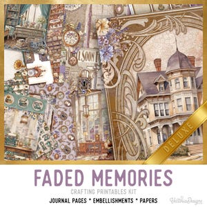 Puede incluir: Un conjunto de imprimibles de manualidades con temática vintage. La imagen presenta páginas de diario, adornos y papeles con relojes antiguos, llaves y elementos arquitectónicos. El texto "FADED MEMORIES" y "DELUXE" son visibles.