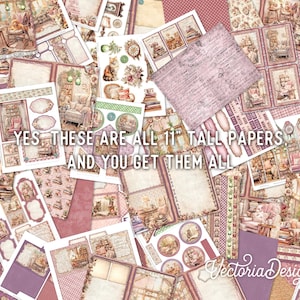 May include: A collection of 11-inch tall scrapbook papers featuring a vintage, cottagecore aesthetic. The papers feature a variety of patterns and designs, including floral motifs, books, and furniture. The papers are all in shades of pink, brown, and white.
