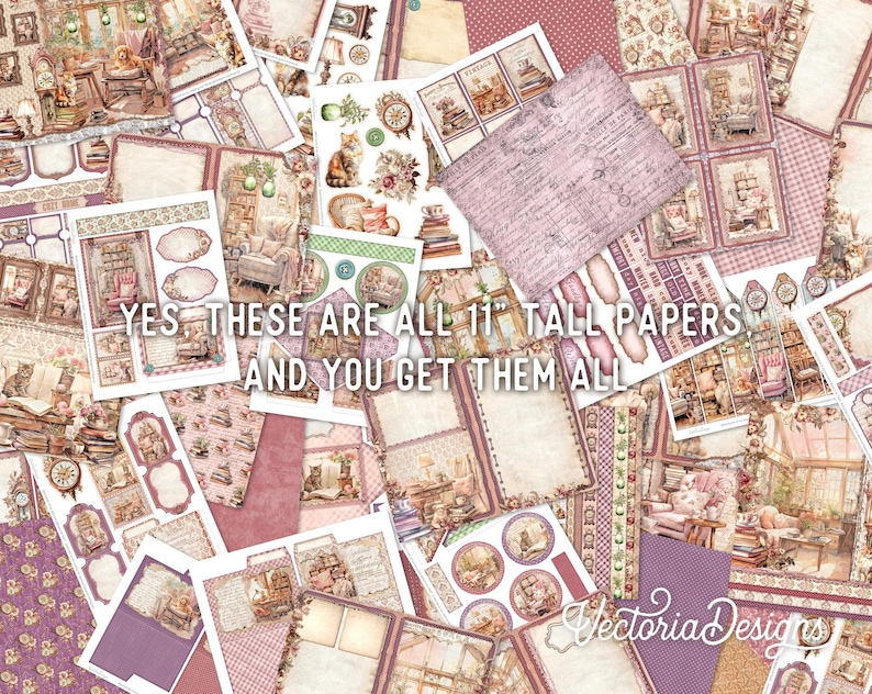 May include: A collection of 11-inch tall scrapbook papers featuring a vintage, cottagecore aesthetic. The papers feature a variety of patterns and designs, including floral motifs, books, and furniture. The papers are all in shades of pink, brown, and white.