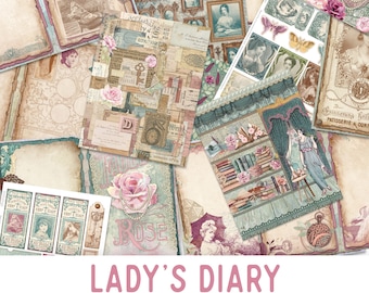 Lady's Diary Crafting Printables Kit, Vintage Lady Junk Journal, Vintage Embellishments, Printable Journal, Printable Paper Pack - 002605