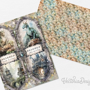 Puede incluir: Una hoja de papel digital con cuatro marcos arqueados ornamentados que contienen ilustraciones de dragones y arquitectura fant&aacute;stica con el texto Dragons Deep Forest y Dragons Sky World, junto a una segunda hoja de escamas de drag&oacute;n texturizadas.